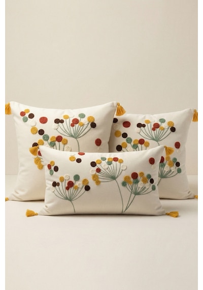 Polen Flora Punch Nakışlı 3'lü Dekoratif Kırlent Kılıfı Seti 2 Adet 42x42 Cm + 1 Adet 35x55 Cm Bej