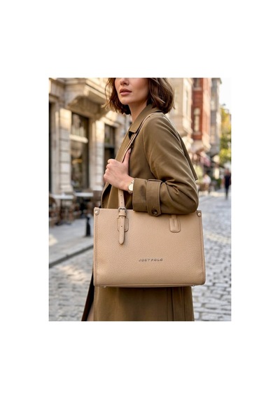 Just Polo Kadın Yeni Sezon Yumuşak Deri Büyük Boy Fermuarlı Lüks Tasarım El Çantası Shopper Vizon 18639853