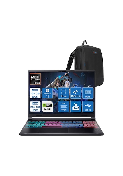 Acer Nitro 16S AI AN16S-61-R5E5 NH.QXUEY.001H31 Ryzen AI 9 365 128 GB 256 GB SSD RTX5060 16" W11H Dizüstü Bilgisayar + Çanta