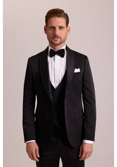 Ysf Erkek Siyah Şal Yaka Yelekli Slim Fit Damatlık