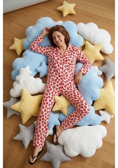 Fit Women Kadın Gömlek Yaka Düğmeli Gece Giyimi Kırmızı Pijama Takımı