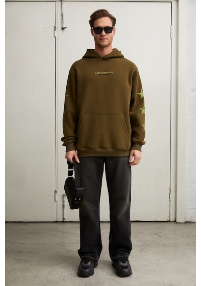 Grimelange Tuxon Erkek Yumuşacık İçi Polarlı Baskı Detaylı Kangru Cepli Regular Haki Sweatshirt Haki
