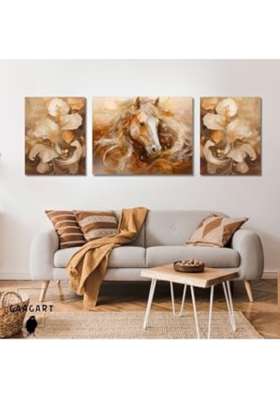 3lü Kanvas Şık Salon Duvar Tablosu Modern Soyut Turuncu At, 40 X 60