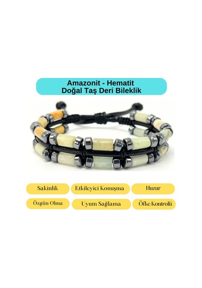 Yıldız Doğal Taş Amazonit Ve Hematit Makrome Doğal Taş Deri Erkek Bileklik Çok Renkli