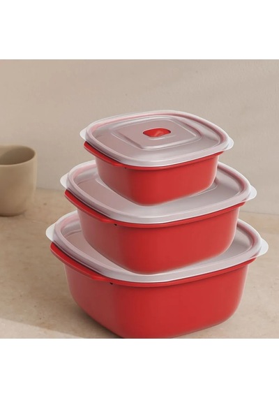 Jenerik Kırmızı Kare Saklama Kabı Seti 3'lü 550/1100/2200 Ml