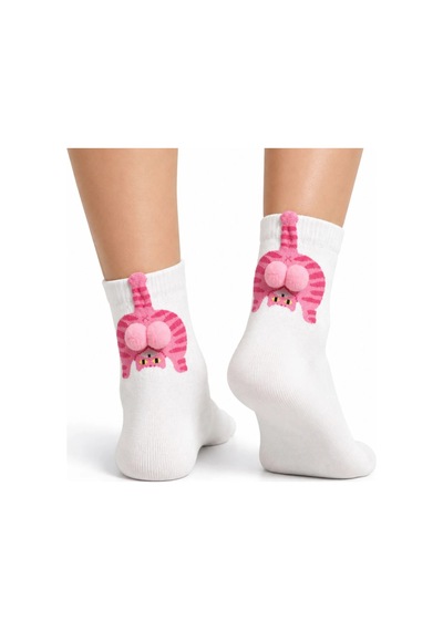 Genel Kadın Beyaz Pembe Kedi Desenli Ponponlu Soket Çorap Sevimli 3d Kedi Figürlü Eğlenc Beyaz / 36-40