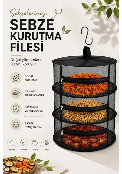 Tineke 3 Katlı Fermuarlı Meyve Sebze Kurutma Filesi Katlanabilir Doğal Kurutma Sepeti Siyah Siyah