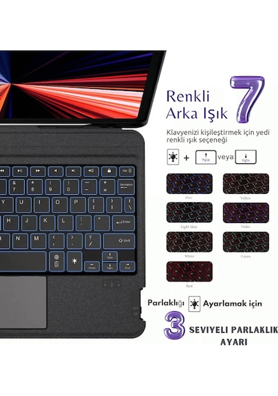 Apple Uyumlu iPad  Air 11 M3 2025 Fuchsia Touch Pad Bluetooth Klavyeli Standlı Mıknatıslı Tablet Kılıfı Kılıf