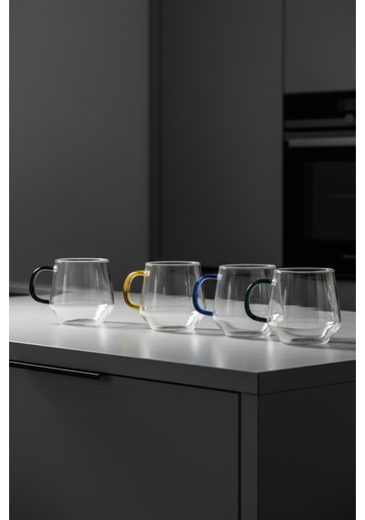 4 Kişilik Geometrik Tasarım Cam Çay Kupa Takımı 420 Ml Beyaz