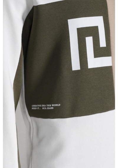Erkek Sweatshirt Beyaz Monogram Desenli Logo Detaylı Relaxed Fit Crewneck Ncs Jeans 1625 Beyaz
