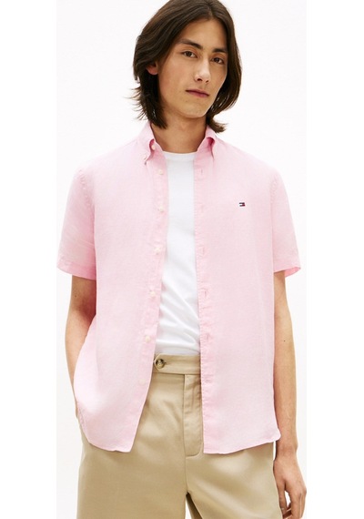 Tommy Hilfiger % 100 Keten Regular Fit Kısa Kollu Pembe Erkek Gömlek-15997