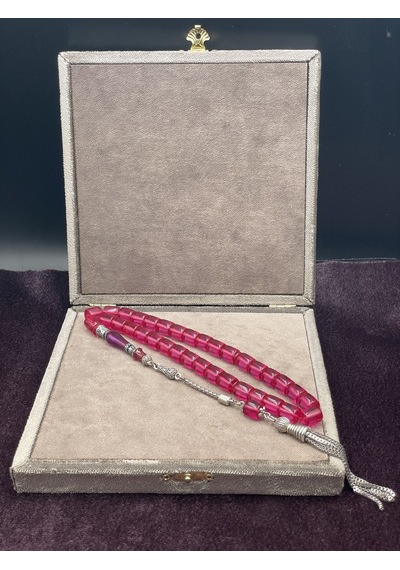 Alpaka Nakkaş İmameli Pembe Ateş Kehribar Tesbih 9x10 Mm