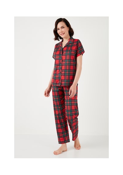 Lela Desenli Kısa Kollu Beli Lastikli Gömlek Yaka Dokuma Regular Fit Bayan Pijama Takımı 6571010 Kırmızı-Siyah