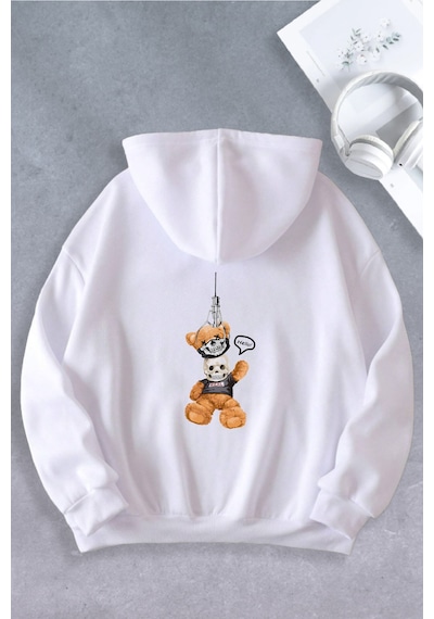 Nevermind Unisex Kadın Erkek Ayı Maskeli Oversize Sweatshirt Beyaz