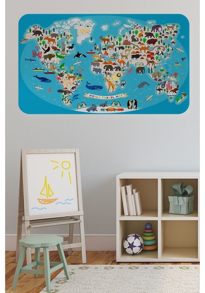 Eğitici Dünya Haritası Dünya Atlası Çocuk Ve Bebek Odası Duvar Sticker-60x105-3787 Çok Renkli