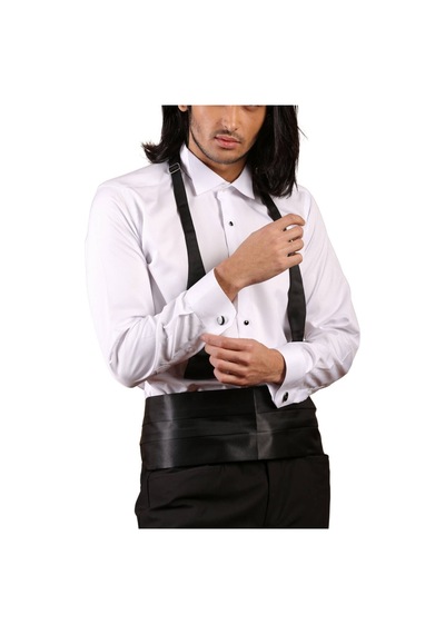 Dicotto Beyaz Siyah Taş Düğmeli Damatlık Ata Yaka Kol Düğmeli Slim Fit Smokin Gömlek - 006 001