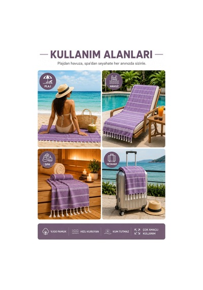 Sultan Peştemal Havlu 100 Pamuklu Deniz Plaj Banyo Peştemali 100x180 Cm Mor