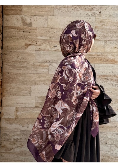 Qalortex Scarf Pamuklu Mimoza Desen Şal- Mürdüm