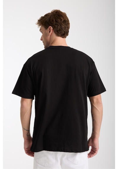 Erkek Milano Nakış Yazılı Oversize Bisiklet Yaka T-shirt Siyah