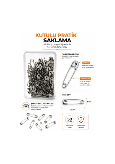 Mini Çengelli İğne 50 Adet Kutulu Gümüş Şal Türban Yaka Kartı Hobi Ve Dikiş İçin