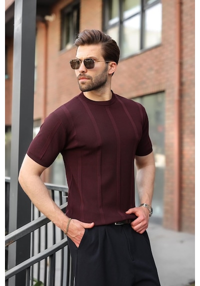 Madmext Mürdüm Regular Fit Bisiklet Yaka Fitilli Triko Erkek Tişört E7490 Madmext Mürdüm Regular Fit Bisiklet Yaka Fitilli Triko Erkek Tişört E7490
