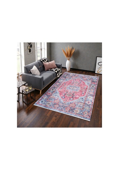 Kırmızı Mavi Oryantal Kilim Vintage Desenli, Kaymaz Taban, Yıkanabilir, Antialerjik Mavi Mavi