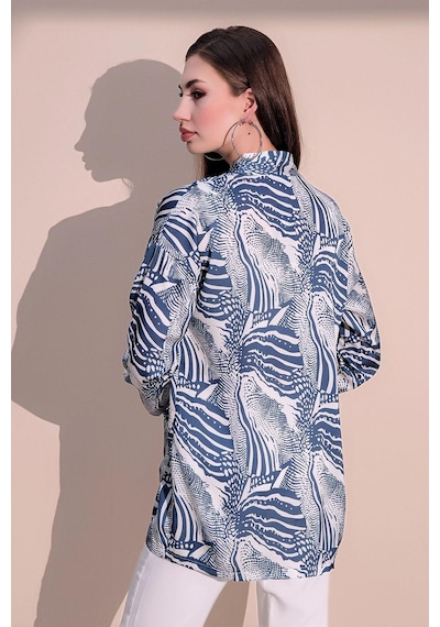 WeShaya Kadın Mavi Safari Desen Yeni Moda Saten Çift Cepli Salaş Kimono Ceket - Tesettüre Uygun Mavi