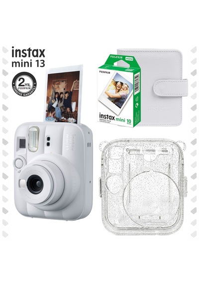 Instax Mini 13 Beyaz Fotoğraf Makinesi Deri Albüm Pleksi Kılıf Ve 10'lu Film Hediye Seti