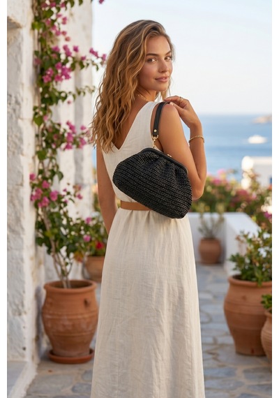 Vivazzaluxe Vintage Model Örme Hasır Kadın Portföy Clutch Çanta Siyah
