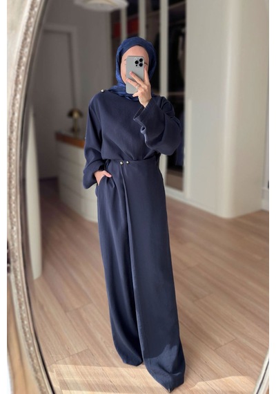 Ka Hijab Kruvaze Pantolonlu Salaş Takım - Lacivert