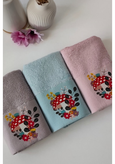3'lü Dijital Baskılı Mantar Desenli Bambu Havlu Takımı - El & Yüz & Mutfak Havlusu - 30x50 Cm Mavı Krem
