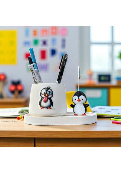 Dekoratif Sevimli Penguen Baskılı Kalemlik Ve Penguen Notluk Seti Renkli