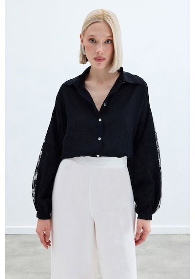 Sateen Nakış Detaylı Kraşlı Gömlek - Siyah-136254 Siyah