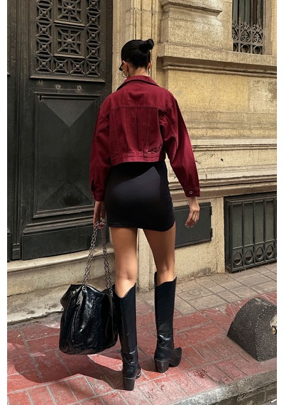 Bordo Çift Cep Denim Crop Ceket Bcdf-255419 Çok Renkli