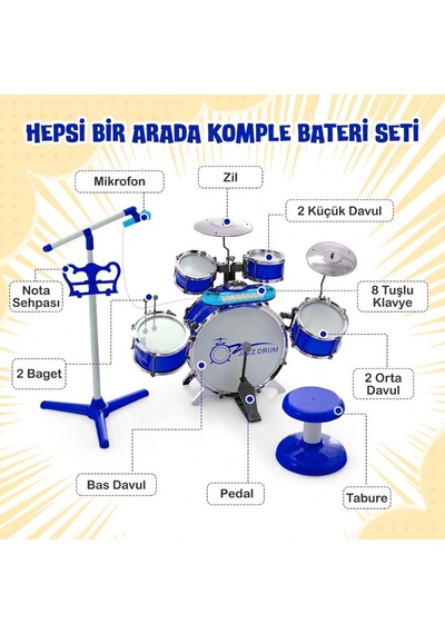 Mikrofonlu Işıklı Sesli Bateri Seti - Piyanolu Tabureli & Bagetli Eğitici Çocuk Bateri Takımı - Mavi
