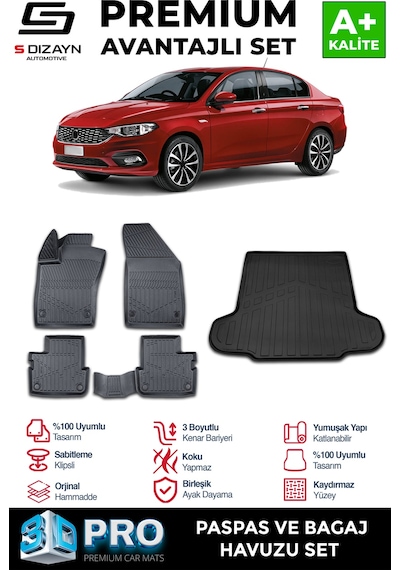 S-dizayn Fiat Egea Sedan 3d Pro Havuzlu Paspas Ve Bagaj Havuzu Seti 2'li Set 2015 Üzeri A+ Kalite