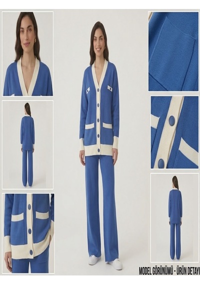 Guzelco Mavi Kontrast Biyeli Triko İkili Takım - Düğmeli Hırka Ve Bol Paça Pantolon Set Saks Mavi Guzelco Mavi Kontrast Biyeli Triko İkili Takım - Düğmeli Hırka Ve Bol Paça Pantolon Set Saks Mavi