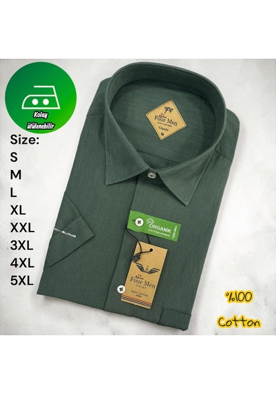 Eren Style Linen Keten Klasik %100 Cotton Kısa Kollu Terletmeyen Gömlek Koyu Yeşil