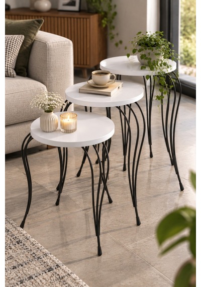 Sulorahome Lükens Metal Ayaklı Beyaz 3'lü Zigon Sehpa Takımı