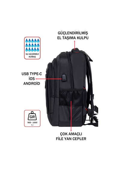 Dada 05 Siyah Laptop Sırt Çantası 14-15,6 İnç Usb Aparat Ortopedik Sırt Darbe Emici Koruma
