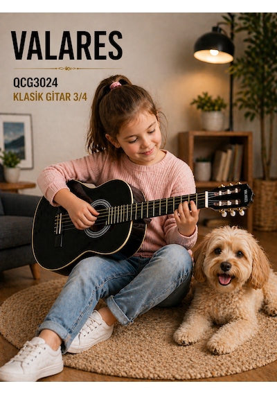 Valares Qcg3024 36 3/4 Klasik Gitar Çocuklar İçin İdeal Yumuşak Tını Kolay Çalım Çanta Ve Pena Hediye Siyah