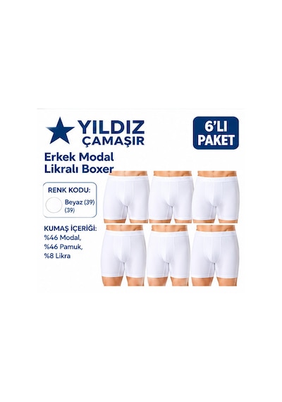 Yıldız Çamaşır Erkek Modal Likralı Boxer 36-37-38-39-40-41-42 - 6 Adet Beyaz