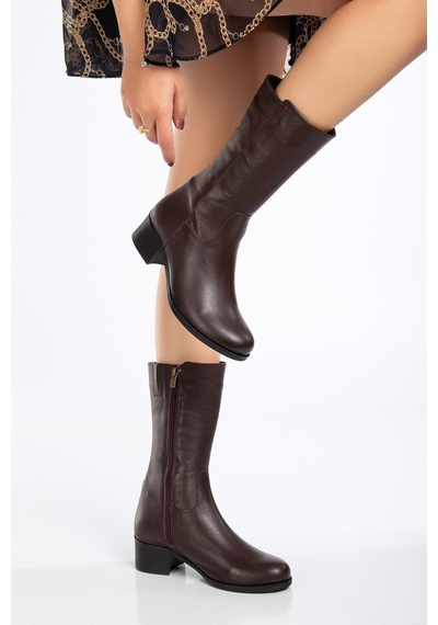Analin Shoes Kadın Hakiki Deri Klasik Fermuarlı Çizme Kahve