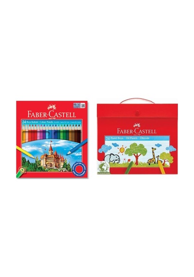 Faber Castell Okul Boyama Seti 24 Renk Kuru Boya Ve 24 Renk Plastik Çantalı Pastel Boya Çok Renkli