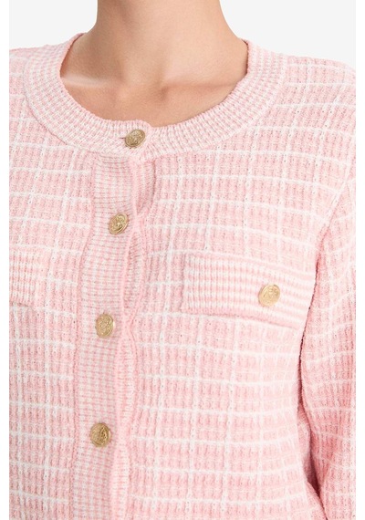 Defacto Regular Fit Bisiklet Yaka Kareli Triko Hırka G0806ax25wnpn478 Pembe-pn478