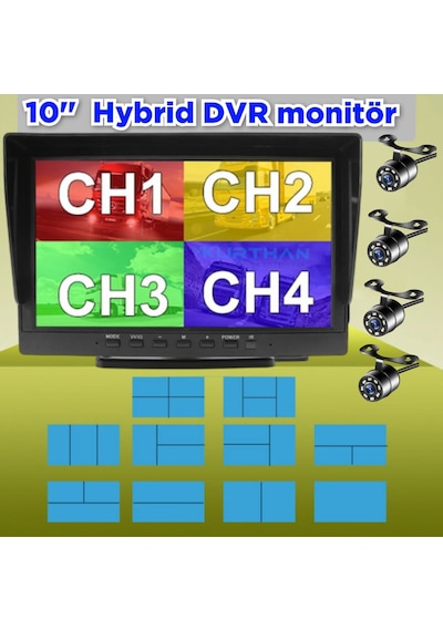 Dvr Hybrid 10'' Ekran Ve 4 Ad Beyaz Ledli Kelebek Kamera Seti 12v