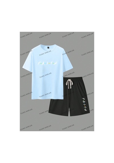 Homme Erkek Yazılı Baskılı T-shirt Ve Şort Takım Mavi