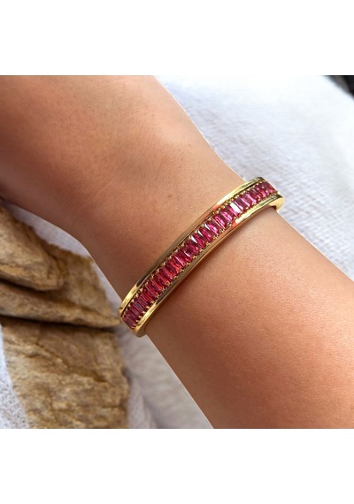 Kırmızı Sanat Evi Gold Pembe Sıralı Taşlı Şık Kadın Çelik Kelepçe