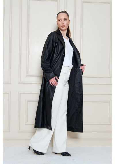 M M Marki Marki Kadın Hakiki Deri Trençkot Siyah, V Yaka, Kuşaklı, Düğme Kapamalı, Oversize, 120 Cm - 117222