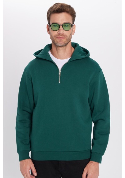 Tudors Unisex Relax Fit Rahat Kesim Pamuklu İçi Polarlı Yarım Fermuarlı Haki Kapüşonlu Sweatshirt-32460 Haki